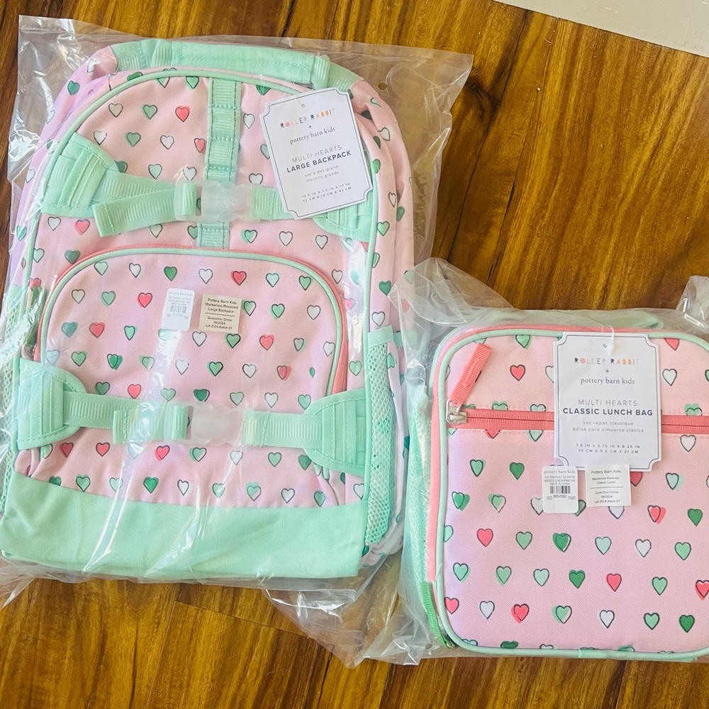 Pottery Barn Kids Multi Hearts large backpack + Classic lunchbox